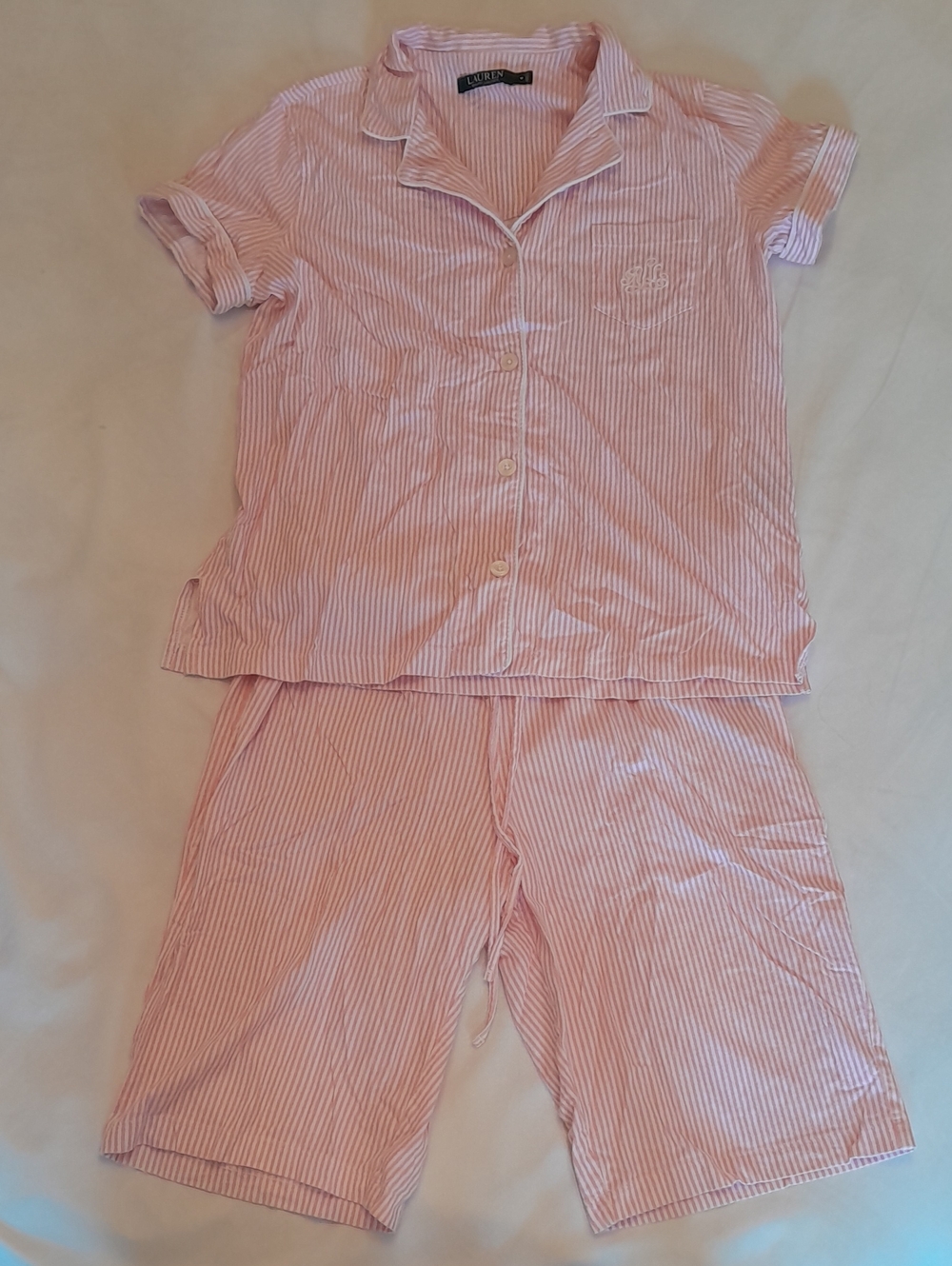 Lauren Ralph Lauren Logo Pink & White Striped Short Pajama Set, M